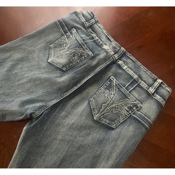 Q&M Denim - Q&M Women Blue Medium Wash Rhinestone Embroidered Skinny Jeans Size 17/18